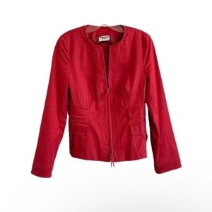 Akris Red Collarless Cropped Cotton Zip Jacket